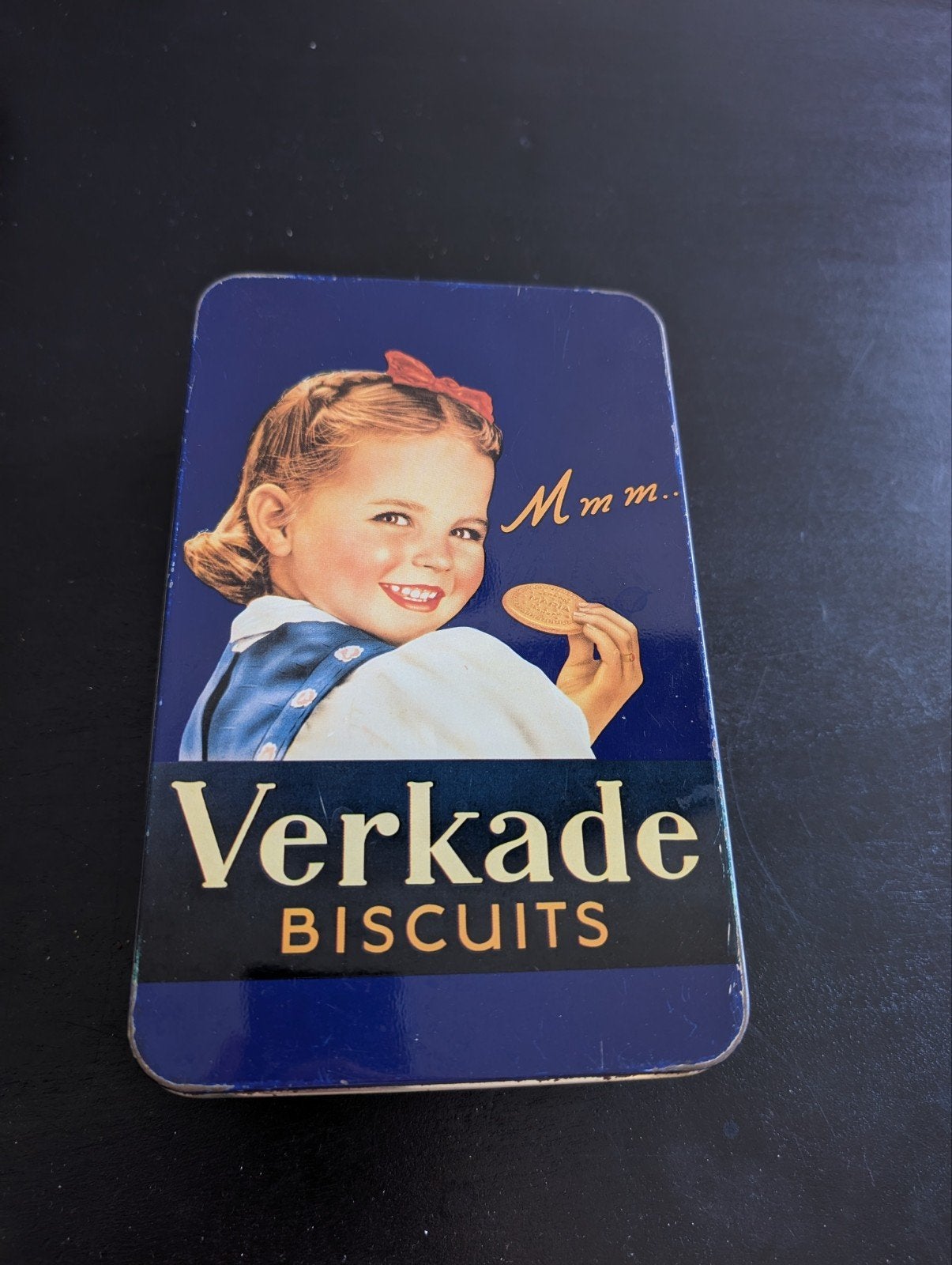 Oude Verkade koektrommel met meisje en koekje, Ophalen of Verzenden