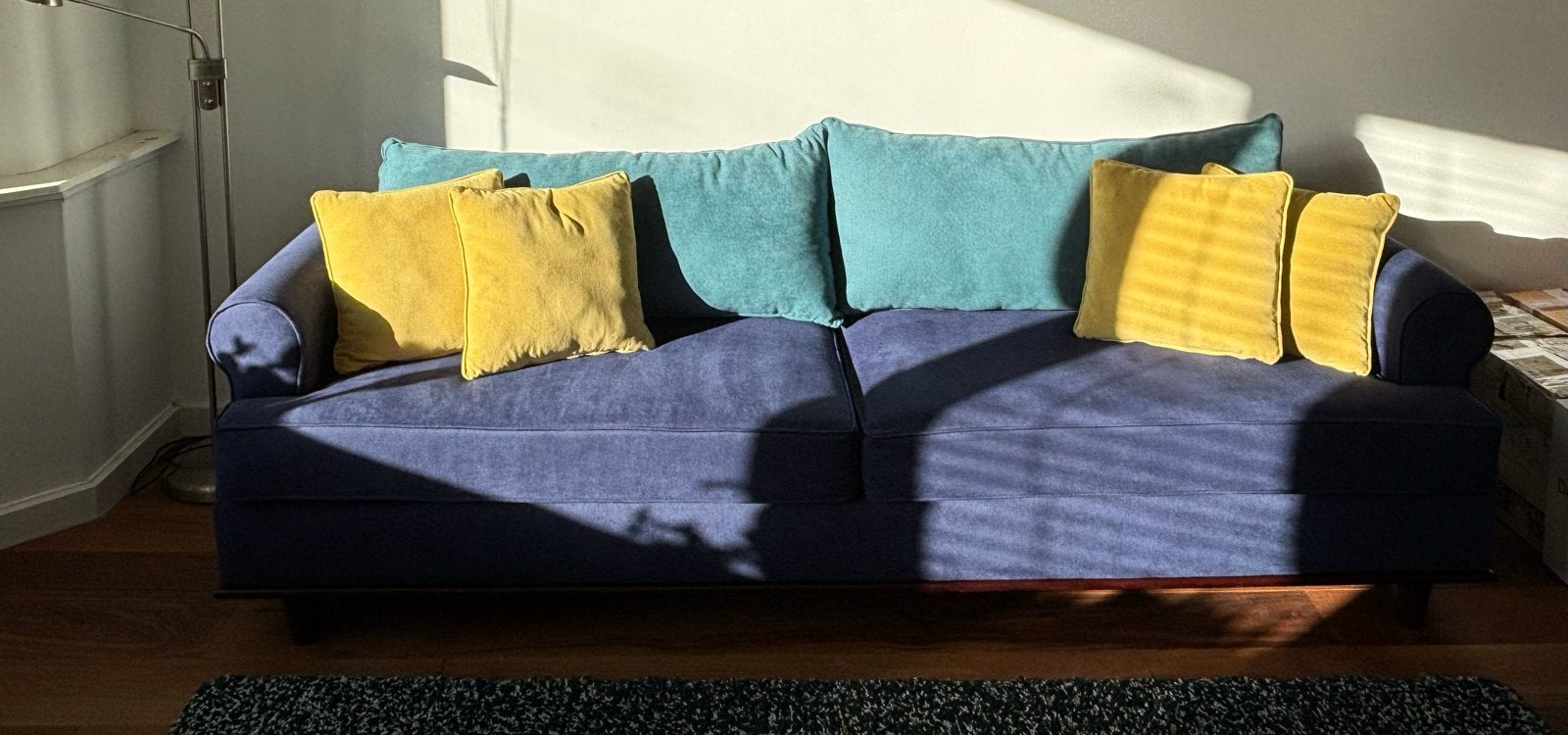 Comfortabele 3-zitsbank in blauwe en turquoise stof, Ophalen, Gebruikt, Driepersoons, 75 tot 100 cm