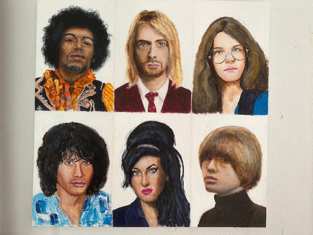 Pop-art portretten van muzikale iconen van de 27Club, Ophalen, Acrylverf, Handgeschilderd, Overige materialen