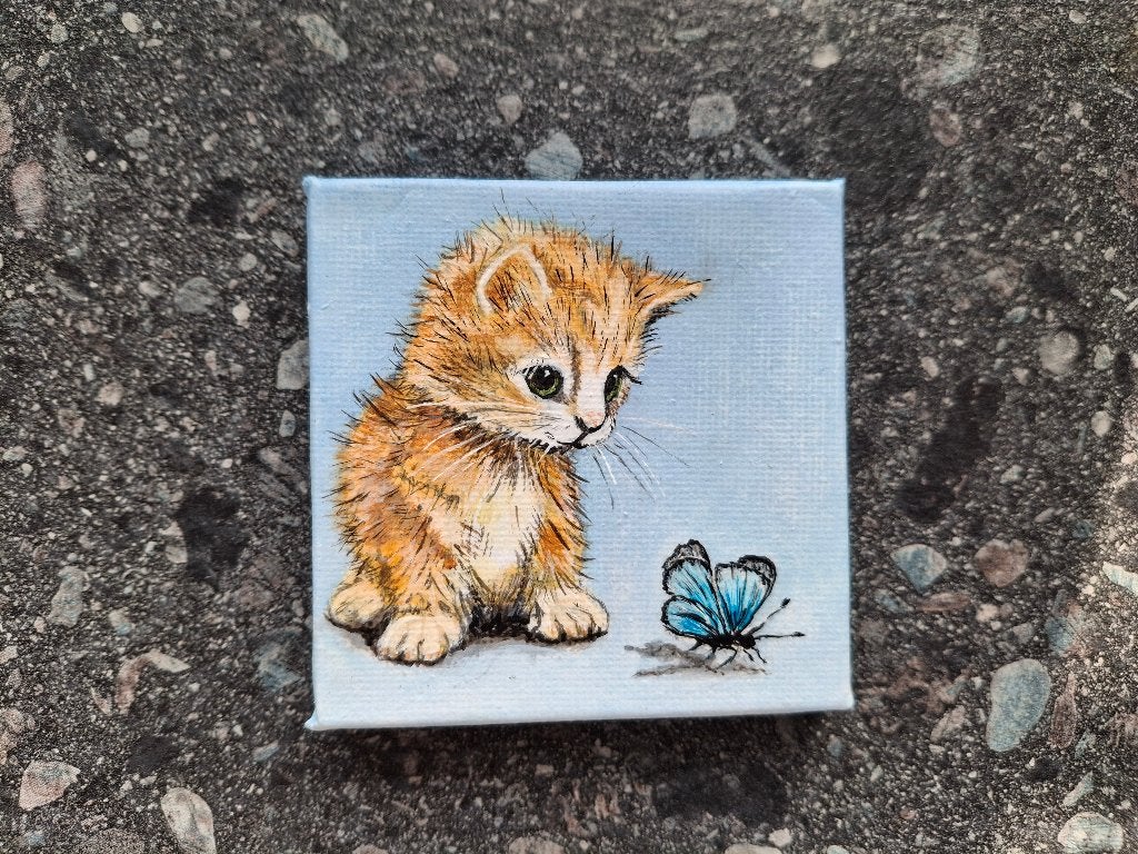 Klein schilderijtje Katje met vlinder, 7x7 cm, Ophalen, Minder dan 50 cm, Oorspronkelijke maker, Nieuw