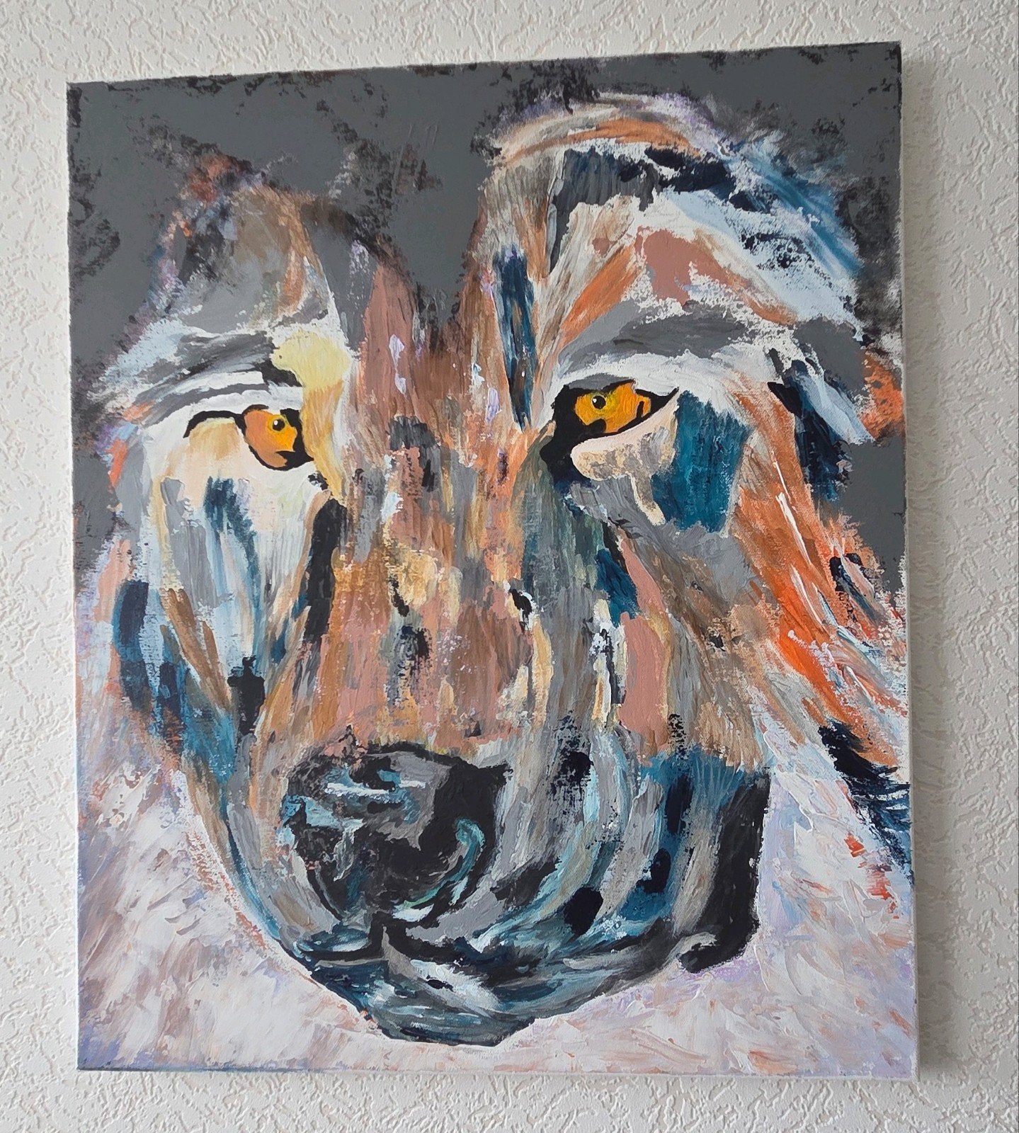 Schilderij wolf - Acrylverf en palletmessen (50x60 cm), Ophalen
