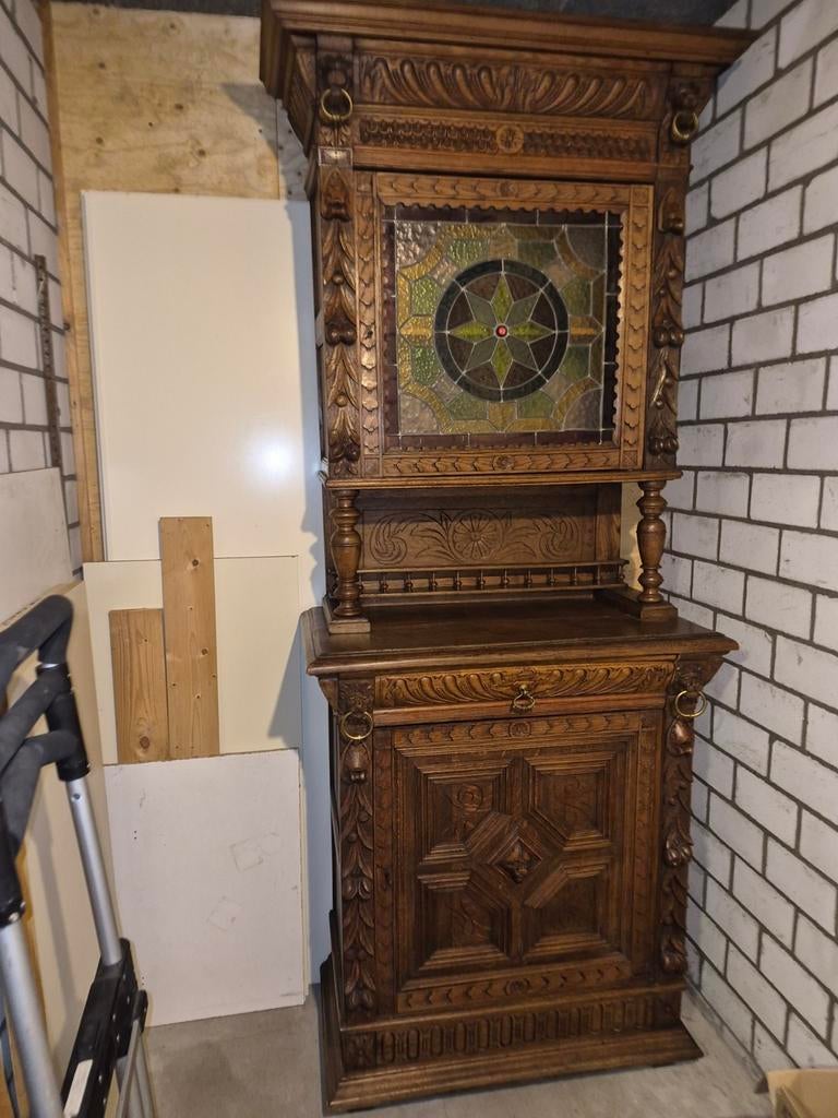 Antieke Eiken Buffetkast met Glas-in-lood, Antiek en Kunst, Ophalen of Verzenden