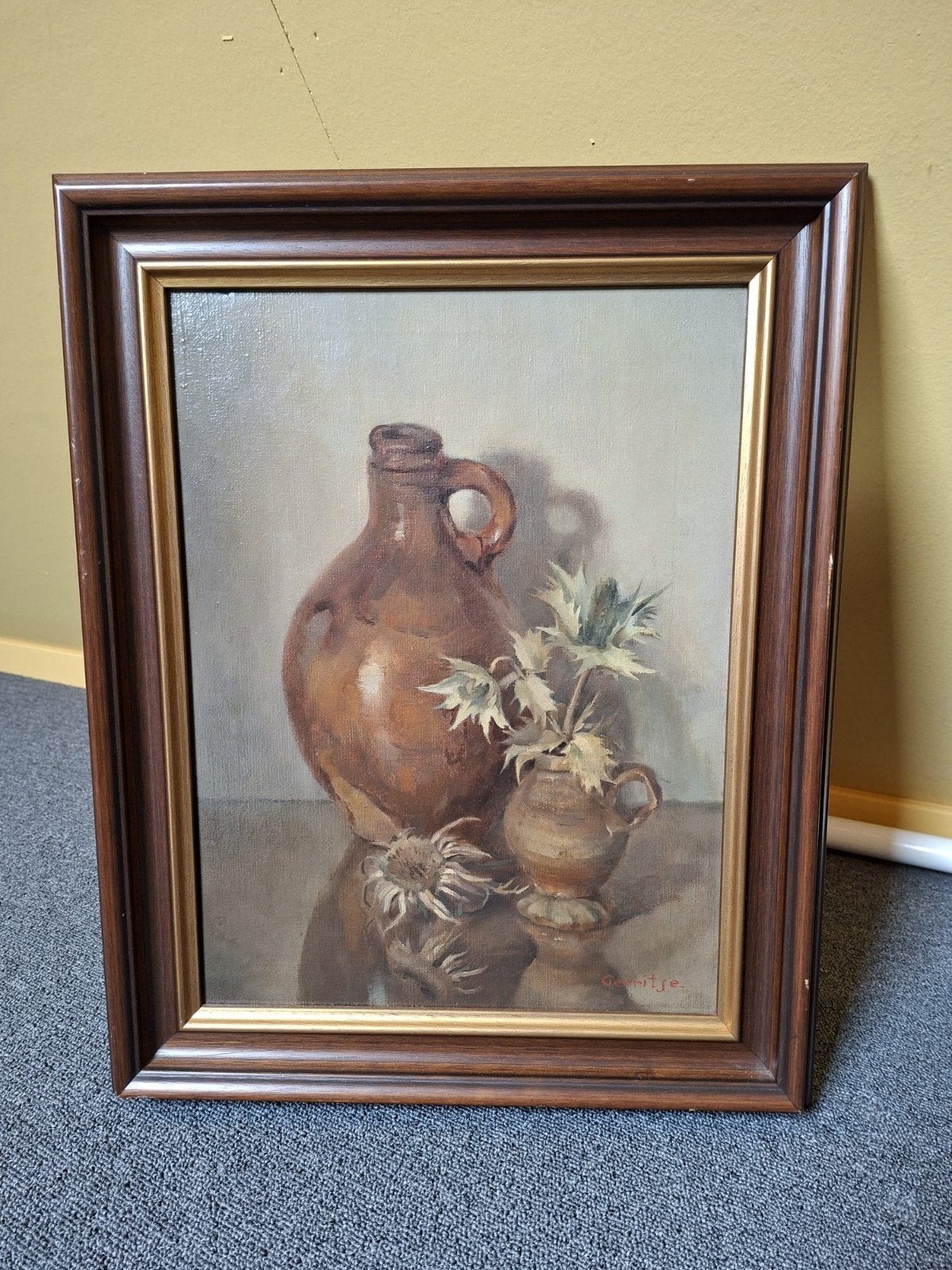 Stilleven met kruik en distels, gesigneerd Gerritse, Antiek en Kunst, Doek, Origineel werk, Olieverf, Klassiek