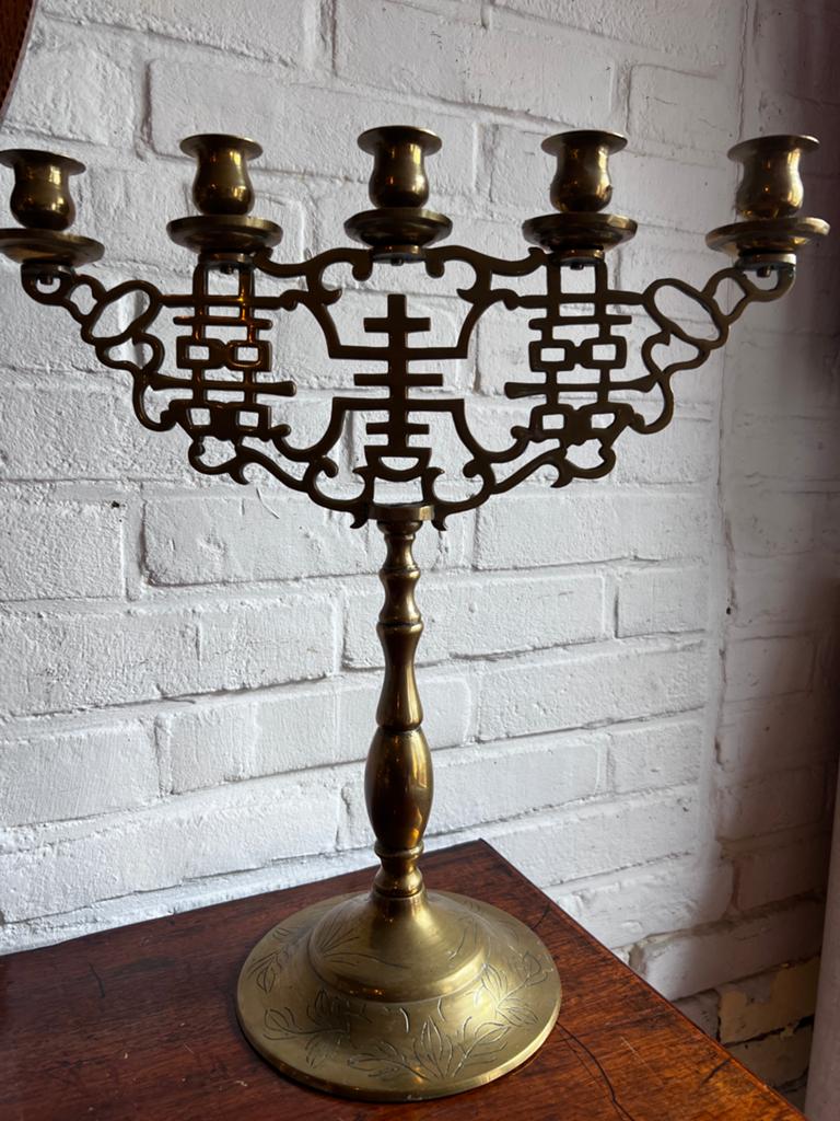 Vintage Messing Kandelaber met Oosterse Motieven, Ophalen of Verzenden, Koper of Brons
