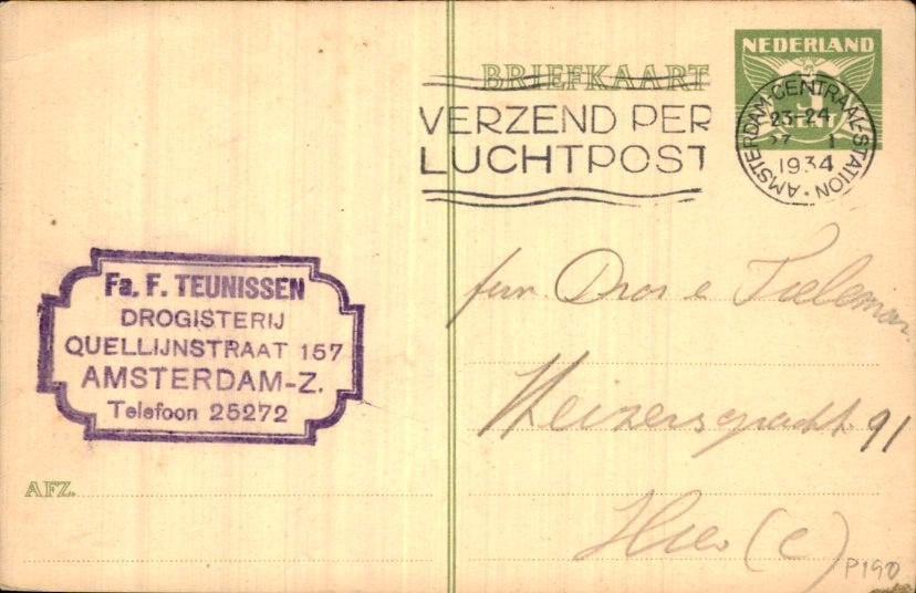 Amsterdam - F. Theunissen - 1934 - Reclame, Ophalen of Verzenden, 1920 tot 1940, Gelopen, Noord-Holland