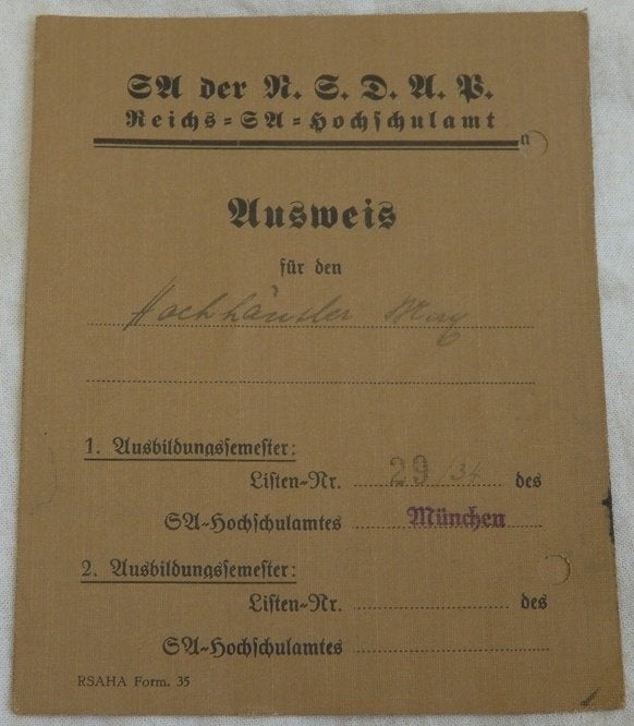 Ausweis, Persoonsbewijs, Reichs Hochschulamt, München, 1934., Verzamelen, Ophalen of Verzenden, Overige soorten, Duitsland, Overige typen