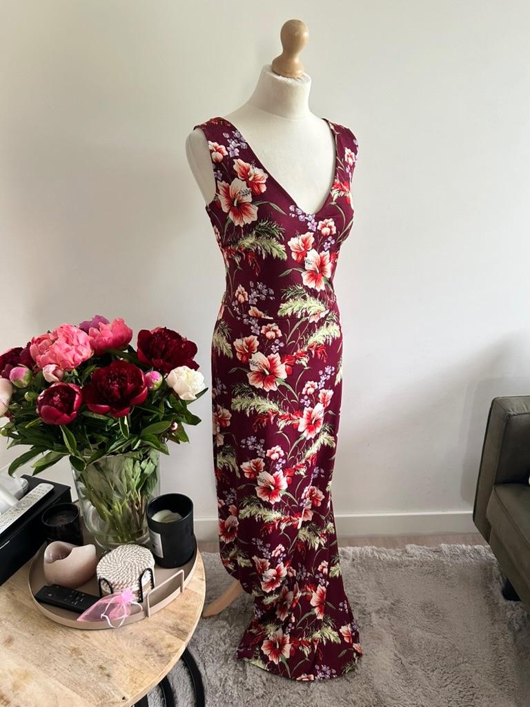 King Louie maat XL wijnrode bloemen maxi jurk 3321, Maat 46/48 (XL) of groter, Ophalen of Verzenden, Zo goed als nieuw, King Louie