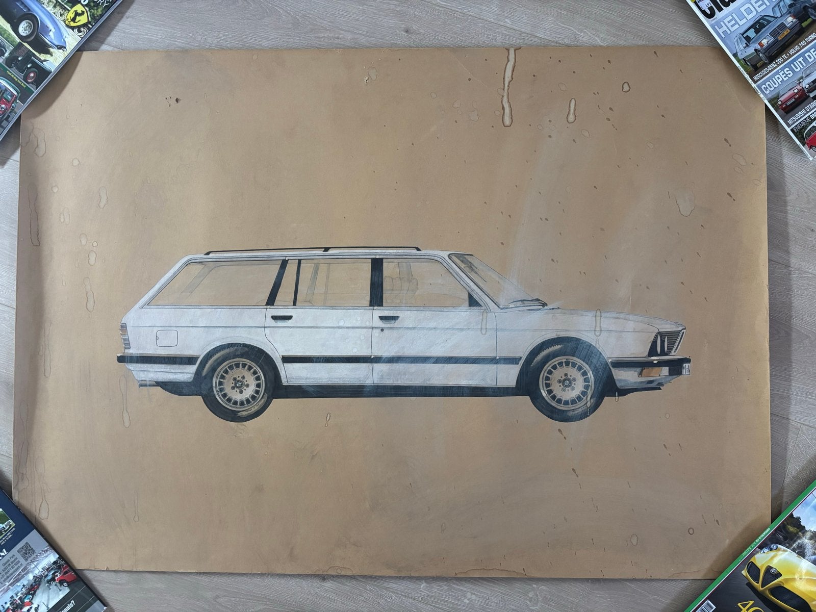 BMW E12 E28 Touring schets poster 100x70, Ophalen, Gelezen, BMW