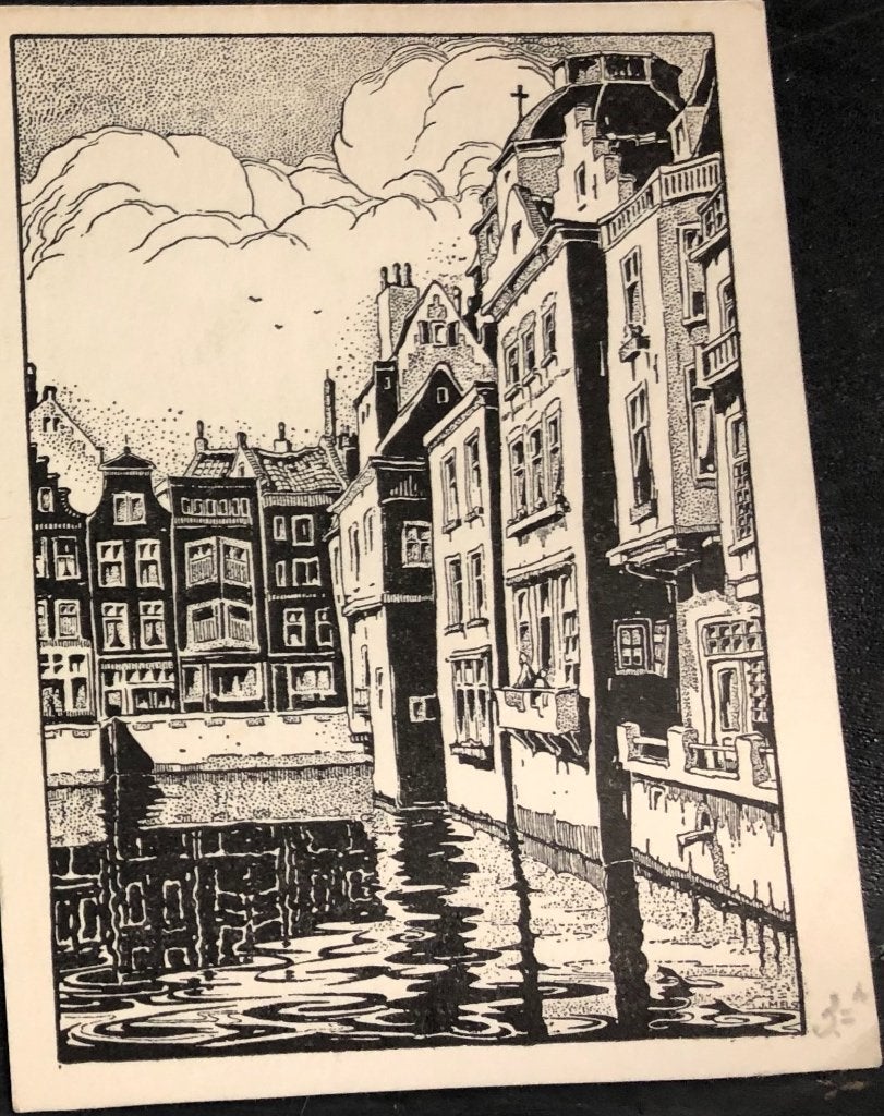 Amsterdam, houtsnede Oudezijds Kolk , Snapper, 1940, 8 cm, Stadsgezicht, Ophalen of Verzenden, Houtsnede