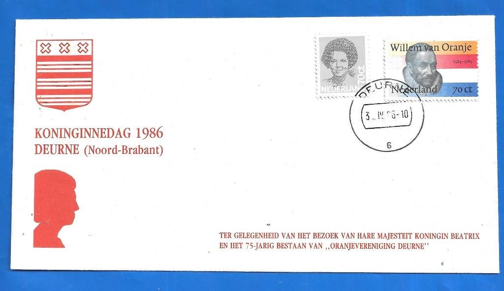 FDC Deurne Koninginnedag 1986 - 75 jaar Oranjevereniging, Verzenden, Onbeschreven, Europa