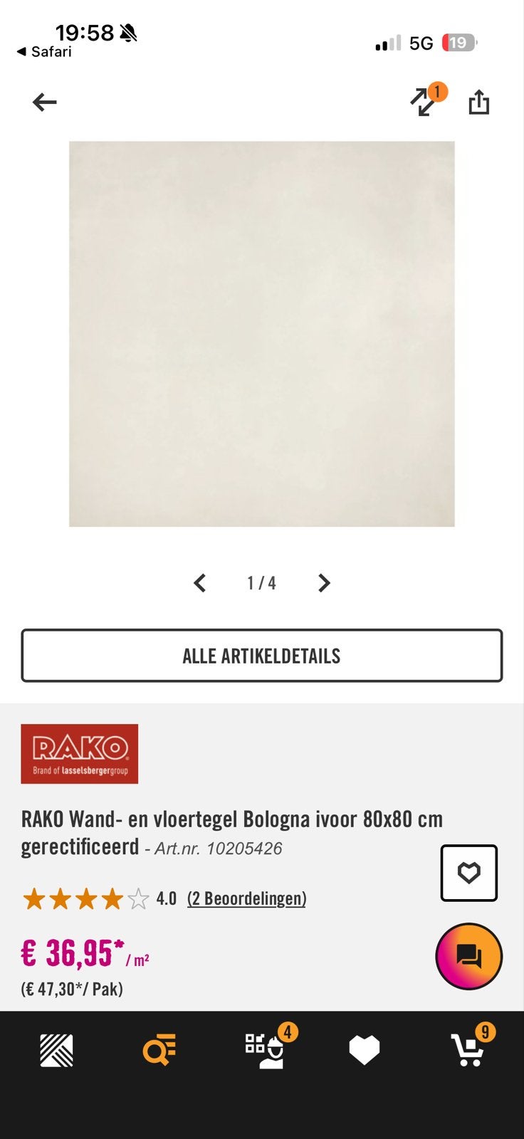 4 Rako Bologna Ivoor wand-vloertegels 80x80 cm, Doe-het-zelf en Verbouw, Tegels, Ophalen, 60 cm of meer, Keramiek, Nieuw