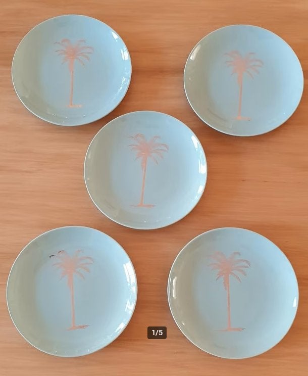 5 Bloomingville bordjes met gouden palmboom, Ø 20,5 cm, Overige merken, Keramiek, Ophalen of Verzenden, Zo goed als nieuw