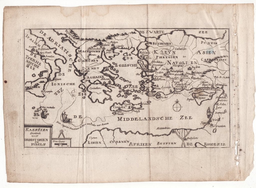 Oude kaart Middellandse Zee Israël de historiën des Bijbels, Verzenden, Cartografie, Gravure, Blanco verso