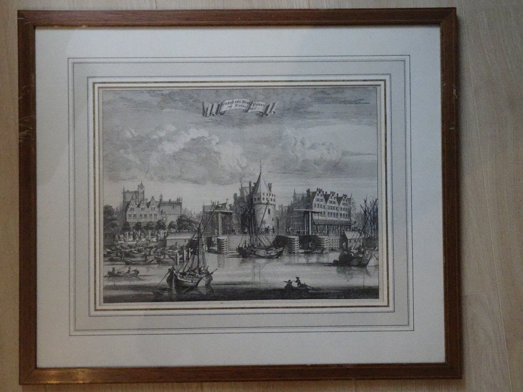 Gravure Schreierstoren Pr. Hendrikkade Amsterdam Tirion 1760, Antiek en Kunst, Verzenden, Stadsgezicht, Ingelijst, Gravure
