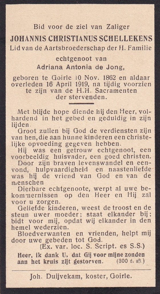 Schellekens Johannis 1862 Goirle 1919, Ophalen of Verzenden, Bidprentje
