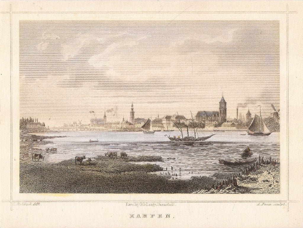 Peproductie Aanzicht Kampen Terwen 1858 ingekl. staalgravure, 1980 tot heden, Ophalen of Verzenden, Zo goed als nieuw, Prent