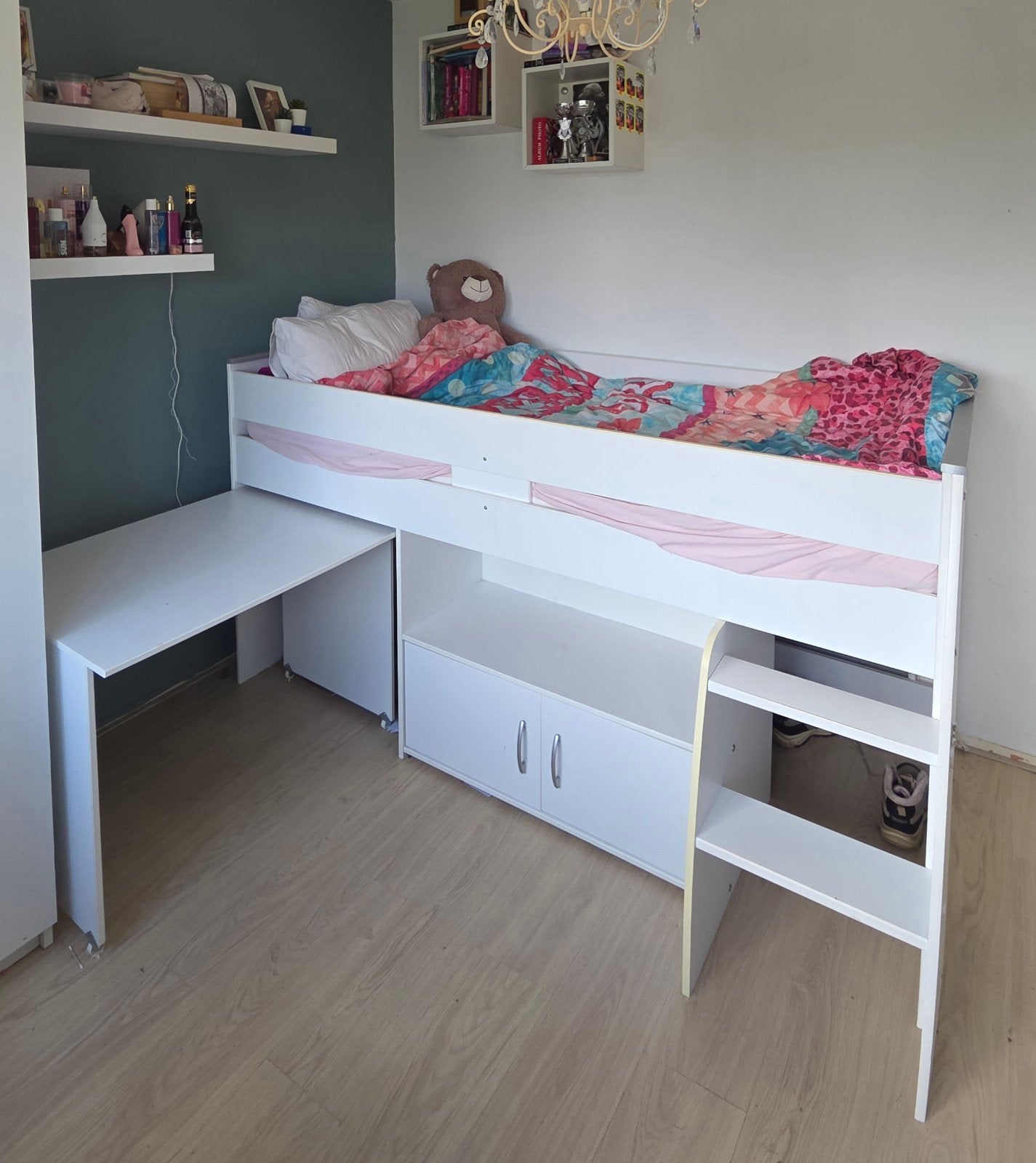 Witte halfhoogslaper bed kinderbed met bureau & opbergruimte, Ophalen, Gebruikt, 90 cm, Eenpersoons