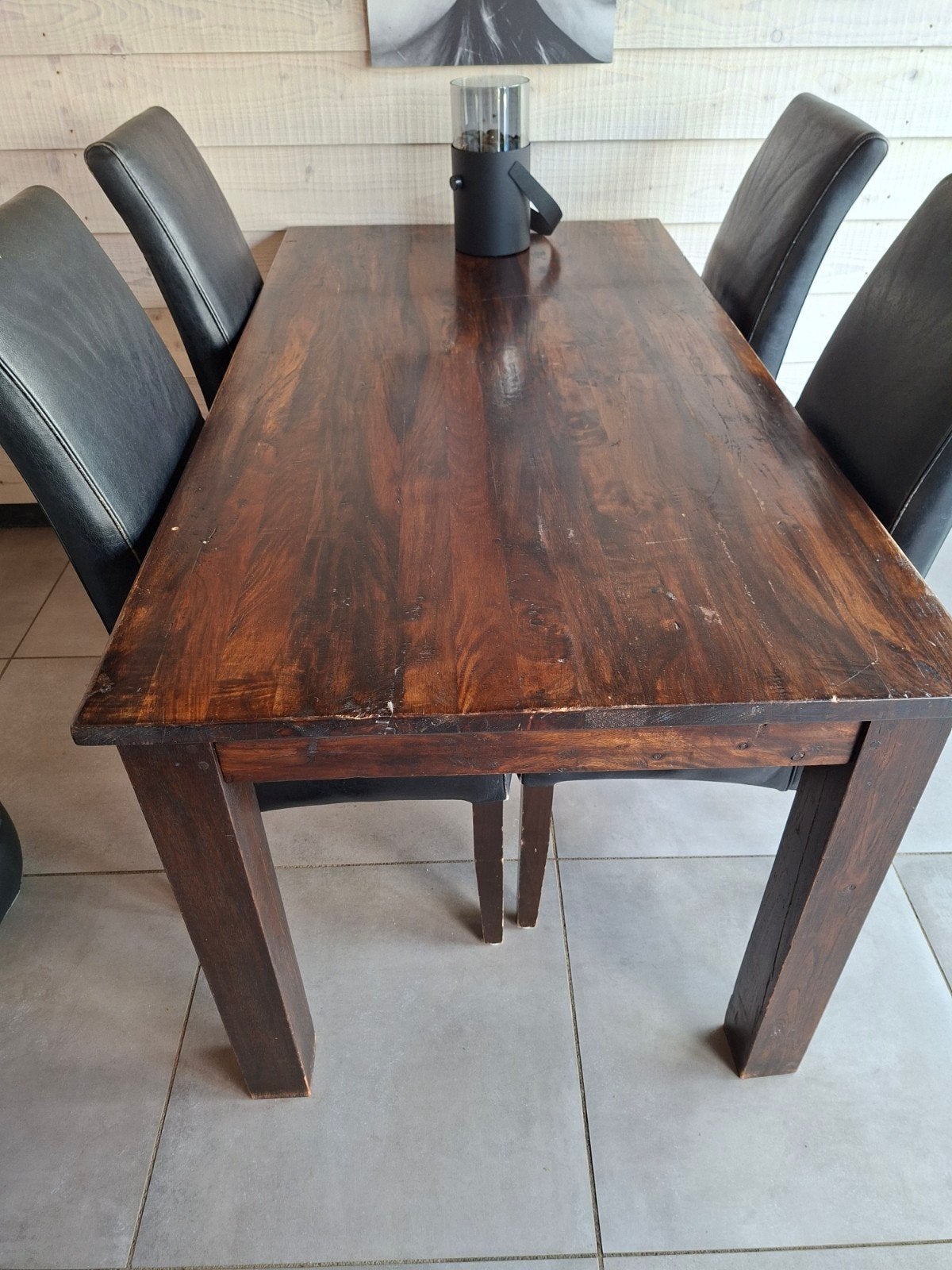 Koloniale tafel met 4 zwarte stoelen, Huis en Inrichting, Gebruikt, 200 cm of meer, Rechthoekig, 50 tot 100 cm
