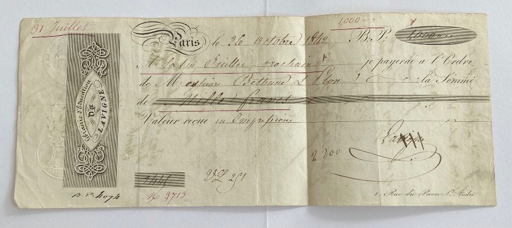 Origineel Frans financieel cheque 1842, Postzegels en Munten, Verzenden, Frankrijk, Los biljet