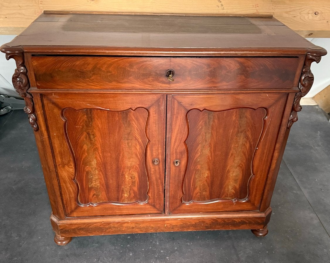 Antiek mahoniehouten kabinet met lade en deuren, Ophalen