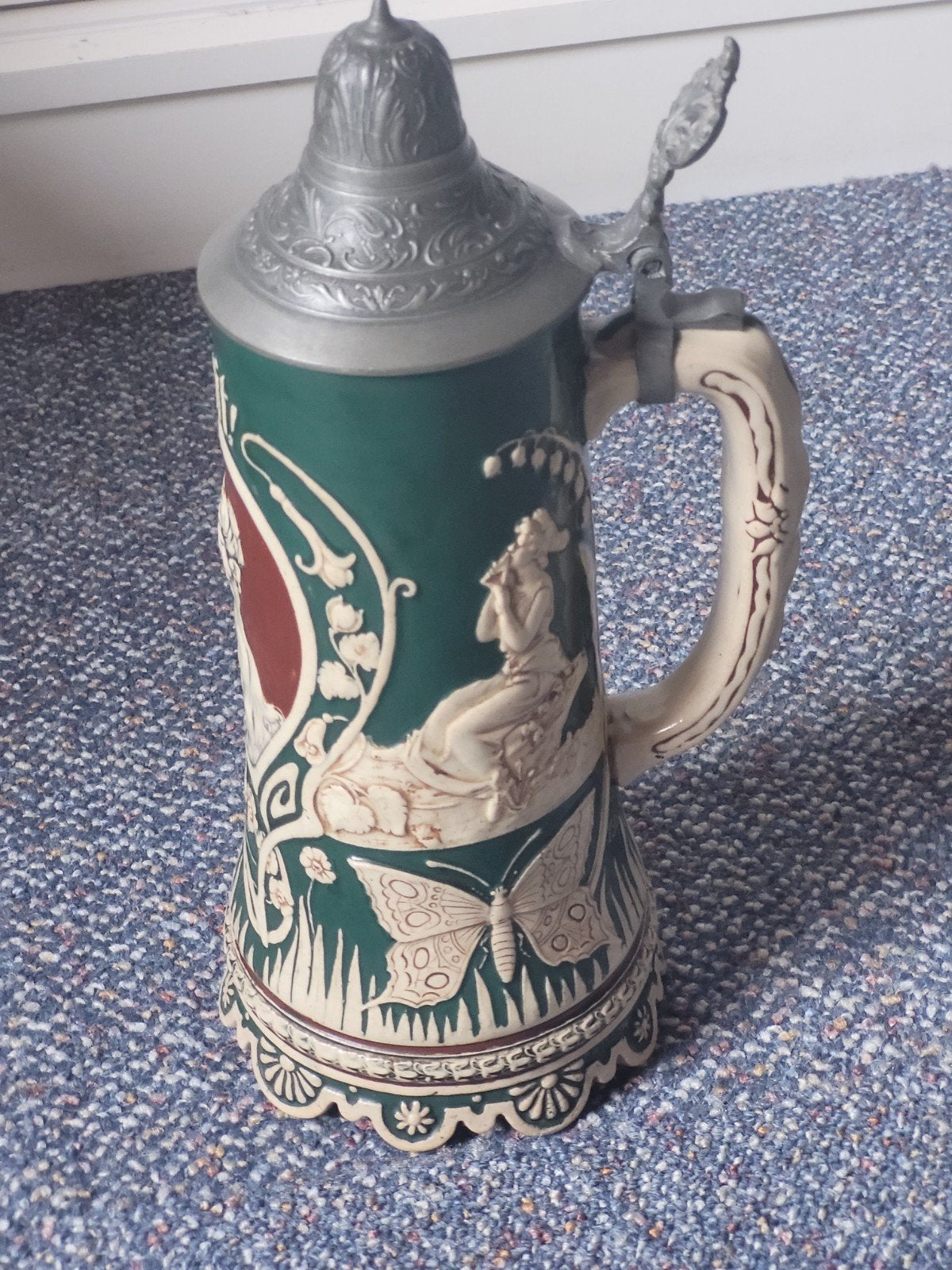 Vintage Duitse Bierpul met Muziekdoos en Reliëfdecoratie, Ophalen of Verzenden