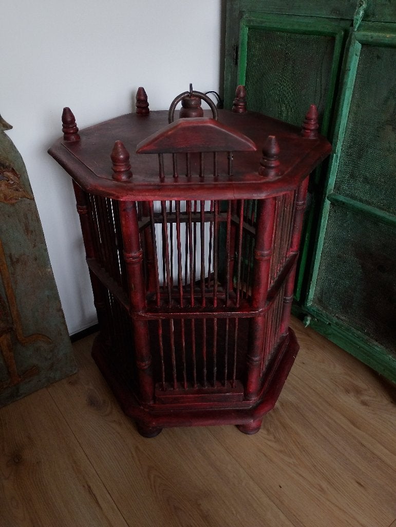 Antieke houten vogelkooi XL formaat India, Ophalen of Verzenden