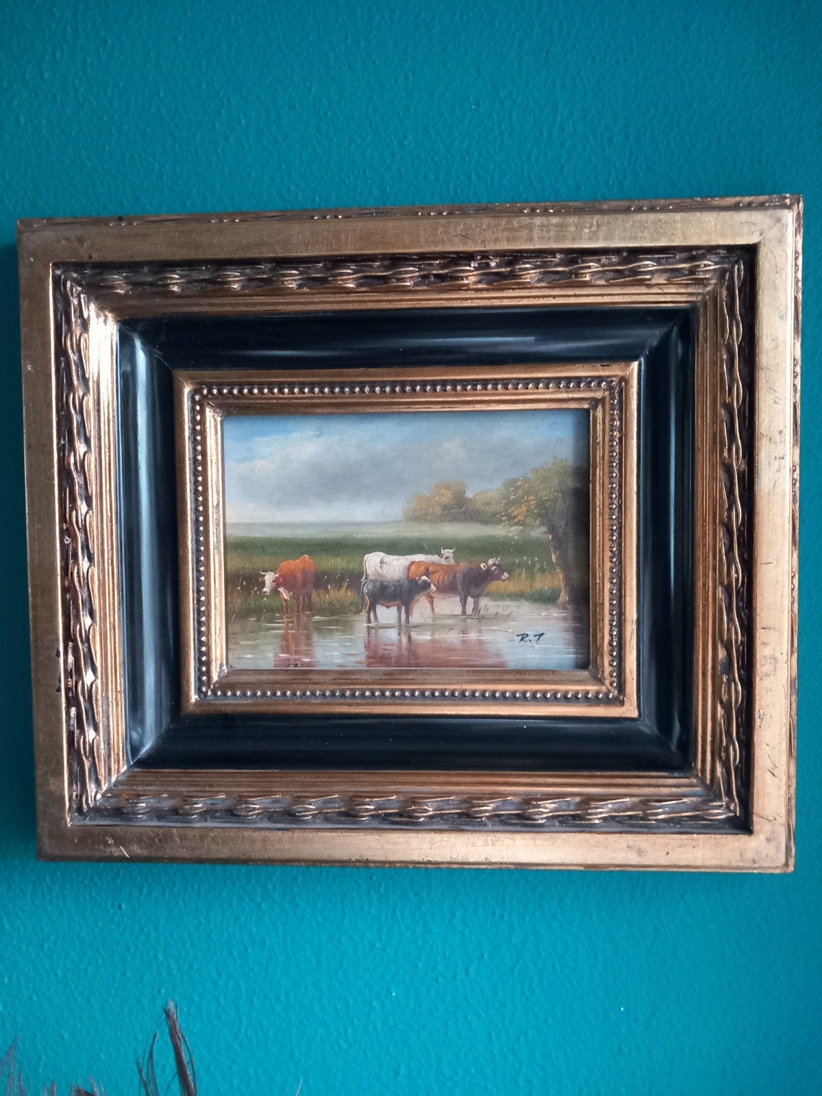Schilderij van René Tempur, grazende koeien., Antiek en Kunst, Paneel, Dieren, Ophalen of Verzenden, Bijzondere lijst
