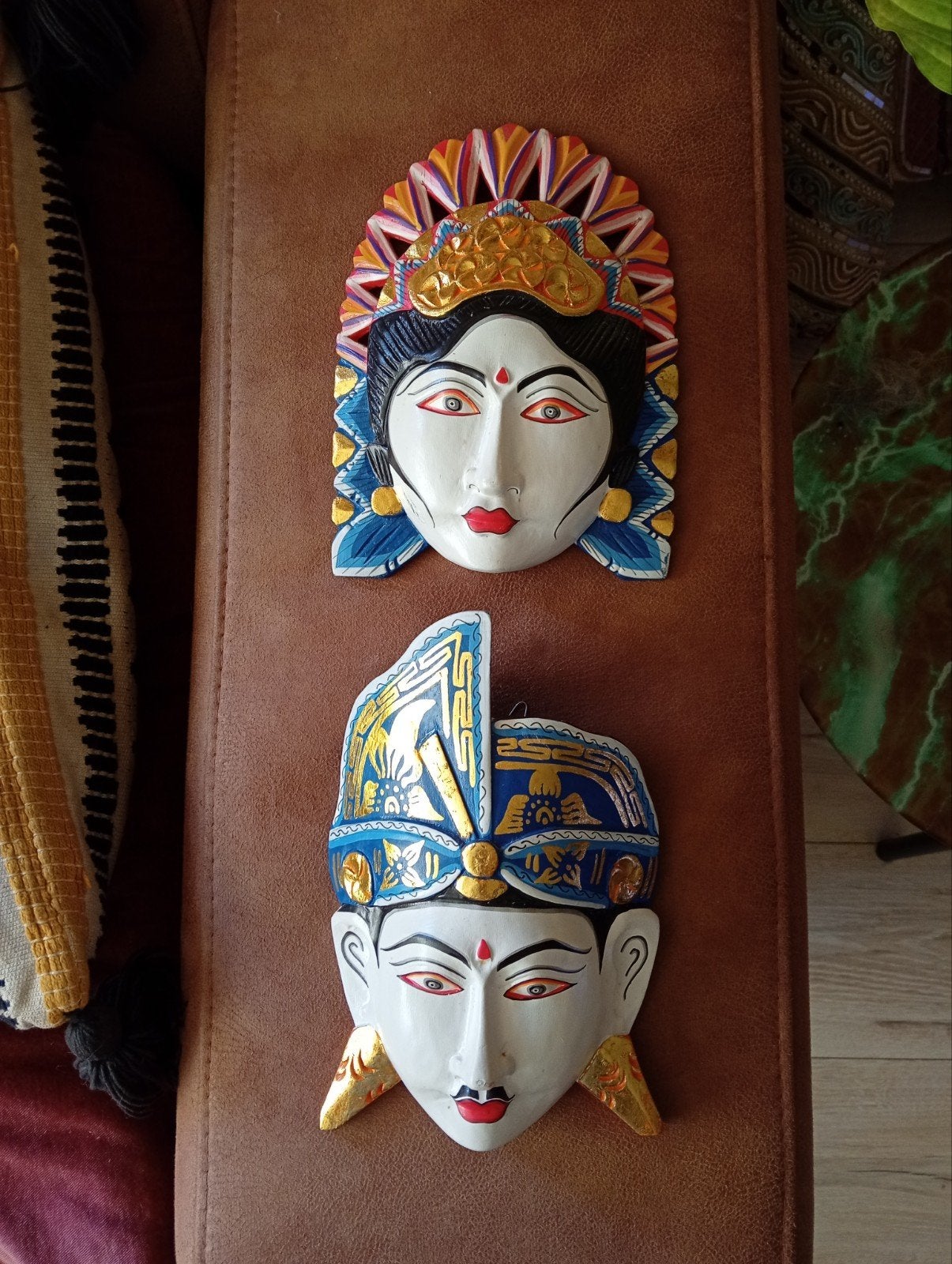 Set van 2 handgesneden Balinese maskers, wanddecoratie, Hout, Versierd, Masker, Ophalen of Verzenden