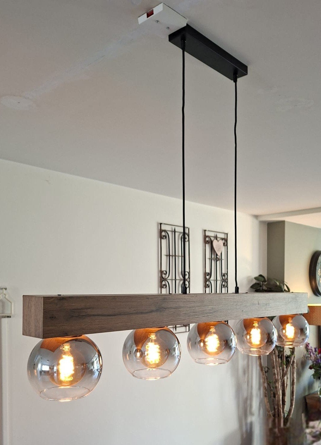 Vouhet Hanglamp Bruin Houtlook 5-lichts met Rookglas E27, Ophalen, Gebruikt, Modern, Industrieel, E27 (groot)