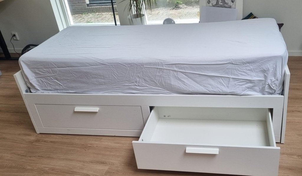 Ikea Brimnes uitschuifbaar bed met lades, Huis en Inrichting, Slaapkamer | Bedden, Ophalen, Gebruikt, Wit, Tweepersoons