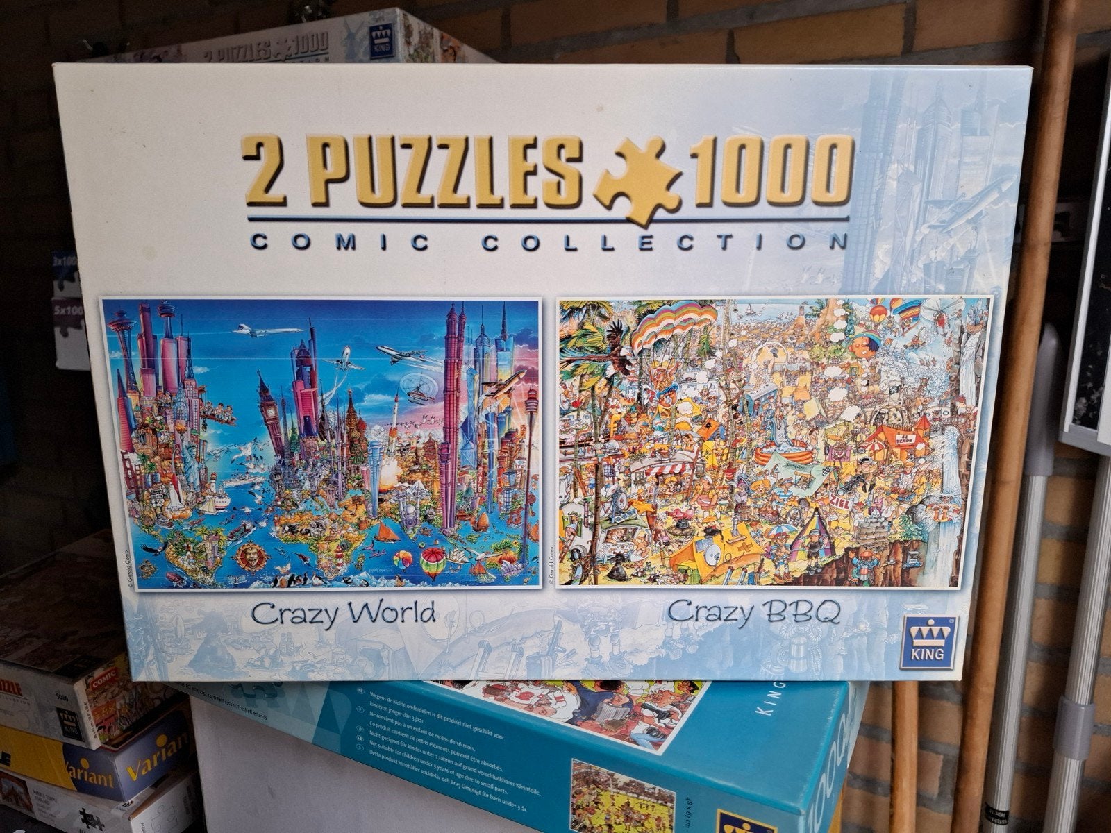 2 Puzzels 1000 stukjes: Crazy World & Crazy BBQ (King), Ophalen of Verzenden, 500 t/m 1500 stukjes, Gebruikt, Legpuzzel