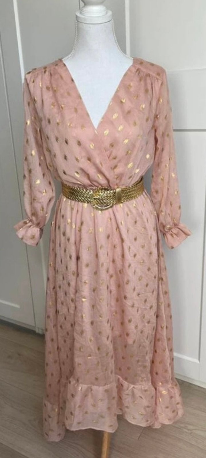 Lange voile jurk roze/goud 38, Kleding | Dames, Jurken, Maat 38/40 (M), Ophalen of Verzenden, Zo goed als nieuw, Roze
