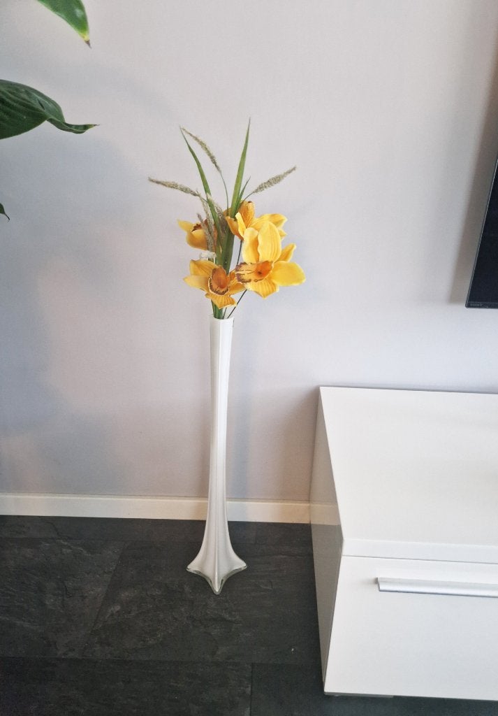 Mooie Witglazen Smalle Rozen Vaas met Orchidee Bloem, Ophalen of Verzenden, Zo goed als nieuw, Wit, Glas