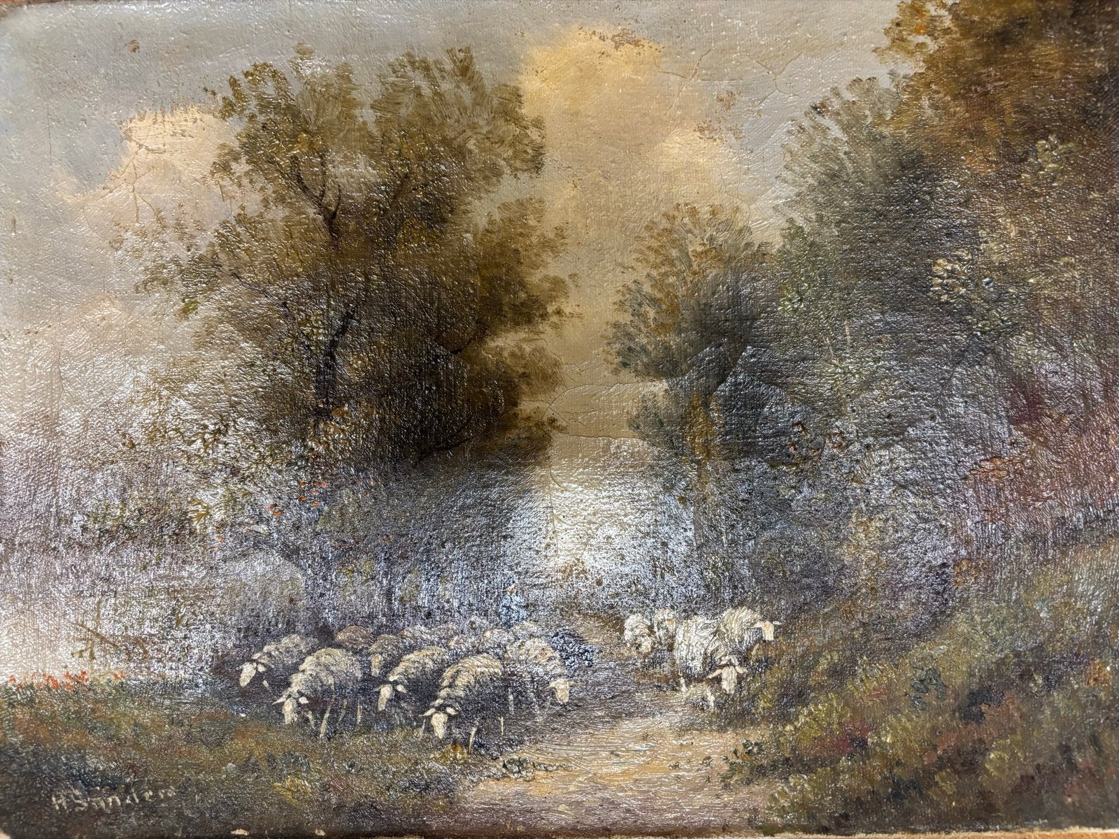 Oud Hollands schilderij: Herder met schapen in bos., Antiek en Kunst, Ophalen, Paneel, Oud hollands, Dieren