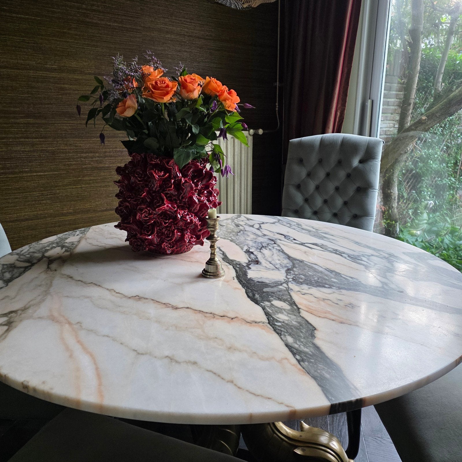 Ronde marmeren eettafel - diameter 130 cm, Ophalen, Overige materialen, Gebruikt, Rond