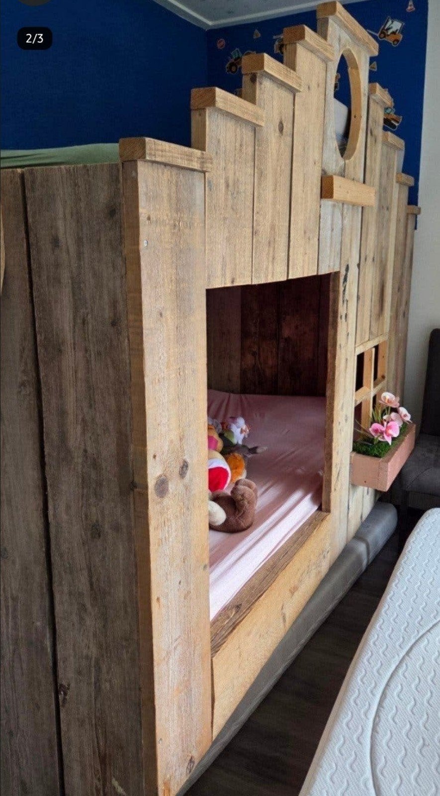 Uniek handgemaakt houten hoogslaper/stapelbed voor 2, Ophalen, Hoogslaper, Tweepersoons, 200 cm