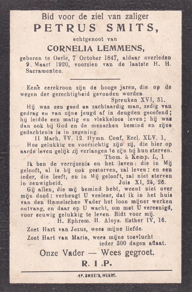 Smits Petrus 1847 Oerle 1920, Ophalen of Verzenden, Bidprentje