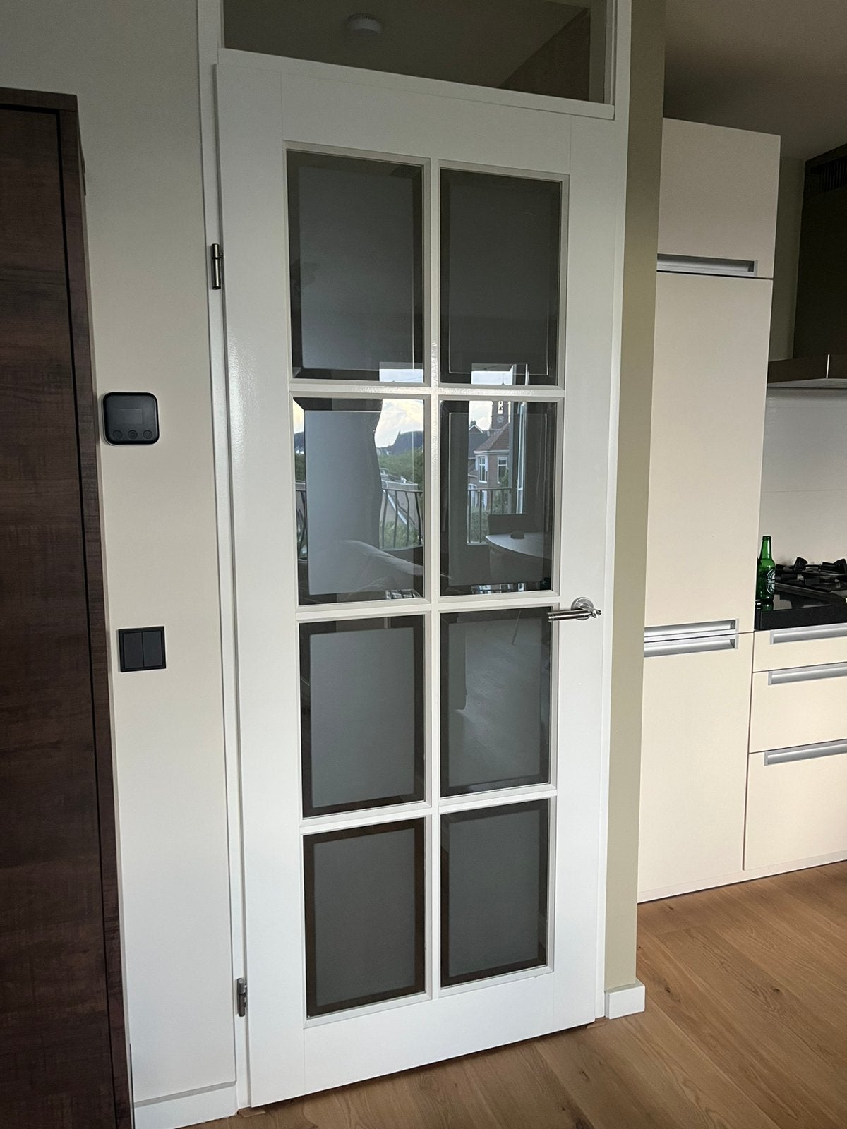 Houten opdekdeur - 830 x 2115 - linksdraaiend - RAL 9010, Ophalen, Zo goed als nieuw, Binnendeur, 200 tot 215 cm