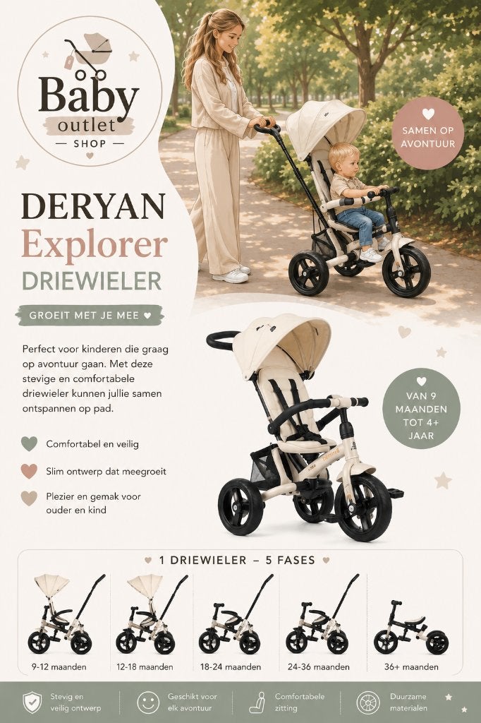Deryan Explorer Driewieler -Duwstang - Opvouwbaar met mandje, Ophalen of Verzenden, Nieuw, 14 inch of minder, Deryan