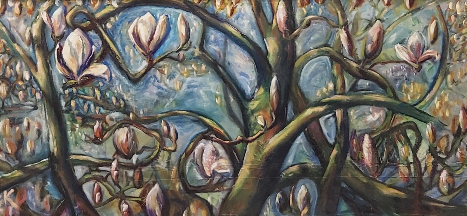 Olieverf op doek: Magnolia - gesigneerd E K ?, Ophalen, Hout, Ingelijst, Olieverf