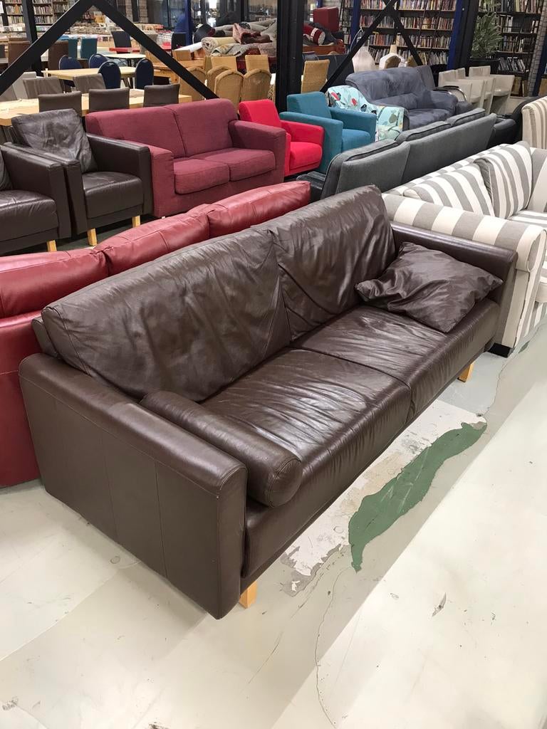Lederen bankstel met 2 fauteuils, B, T, Ophalen of Verzenden, Zo goed als nieuw