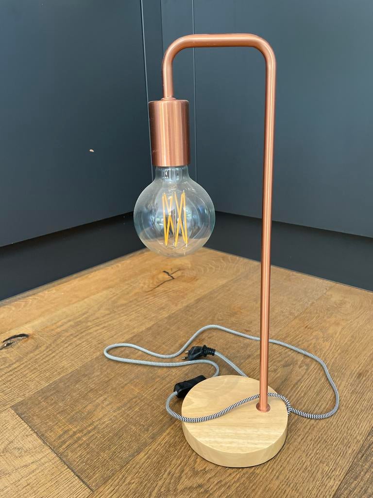 Tafellamp Daphne koper met hout en lichtbron, Huis en Inrichting, Lampen | Tafellampen, Ophalen, Zo goed als nieuw, Hout, Minder dan 50 cm