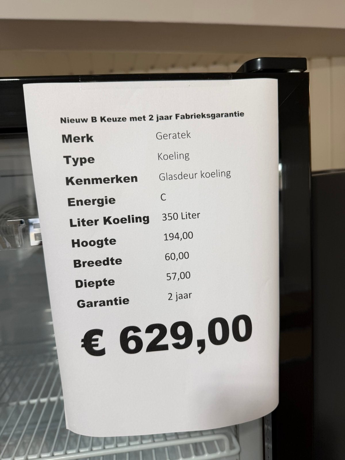 Glasdeur koeling 194 hoog 60 breedt kleur zwart 350 liter, Geratek, Zonder vriesvak, Geratek, 200 liter of meer