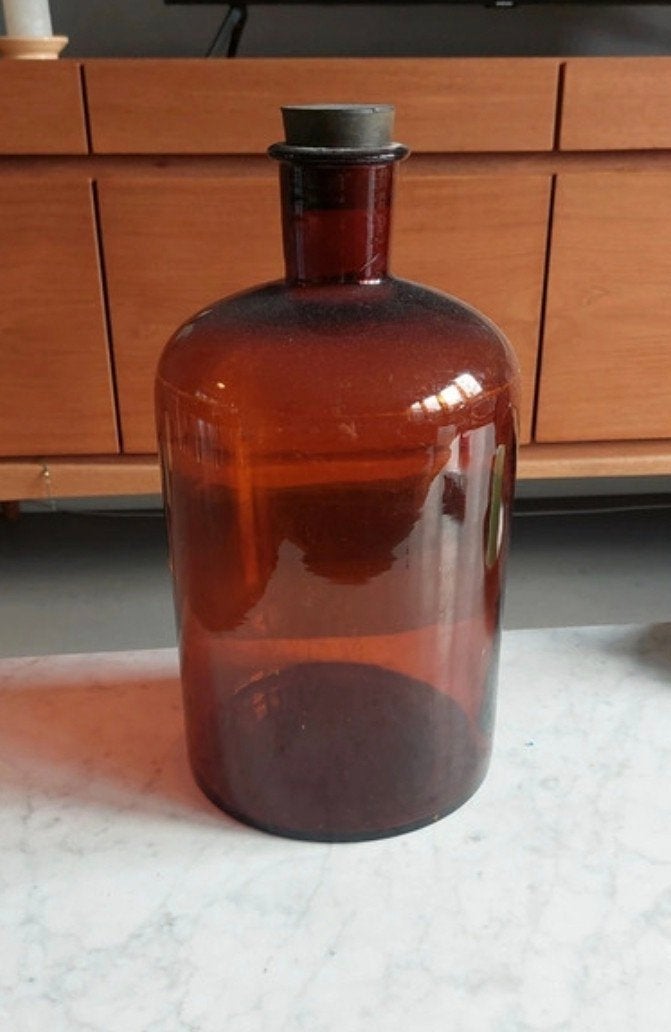 Vintage Apothekersfles - Amber Glas met Kurk, Ophalen of Verzenden