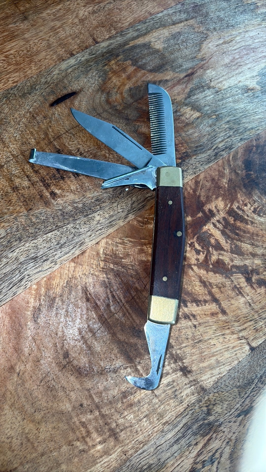 Vintage multi gereedschap vouwmes houten handvat messing, Ophalen of Verzenden, Zo goed als nieuw