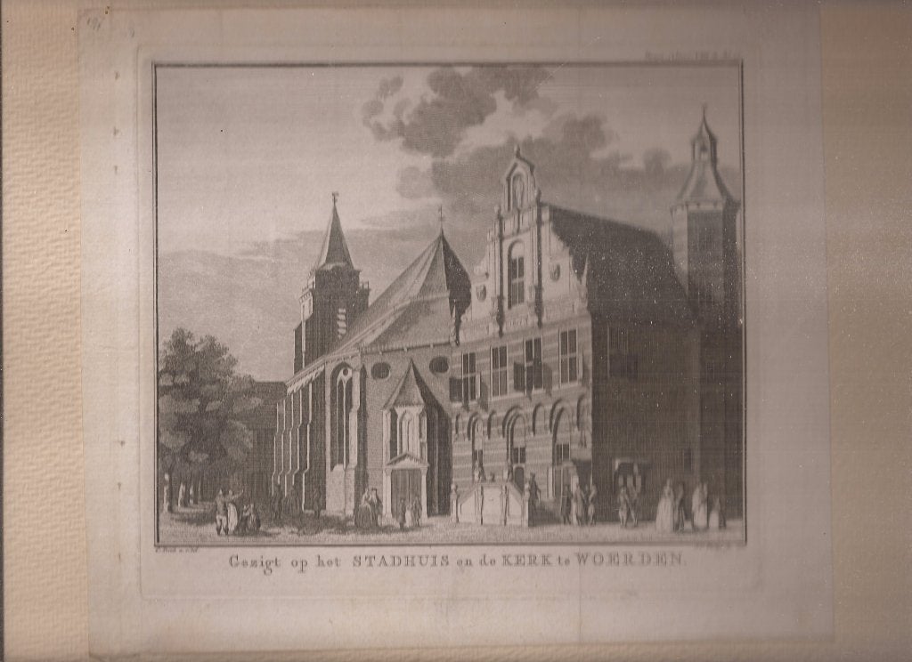 Gezigt op het stadhuis en de kerk te Woerden 1750 C. Pronk, Stadsgezicht, 17 cm, 19 cm, Ophalen of Verzenden