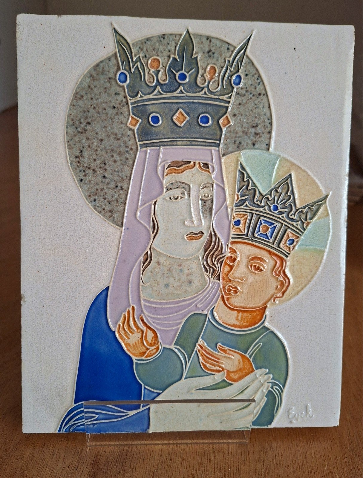 Stenen icoon Maria met kind, 19x15 cm, met houder, Verzamelen, Religie, Ophalen of Verzenden, Nieuw, Beeld(je), Christendom | Katholiek