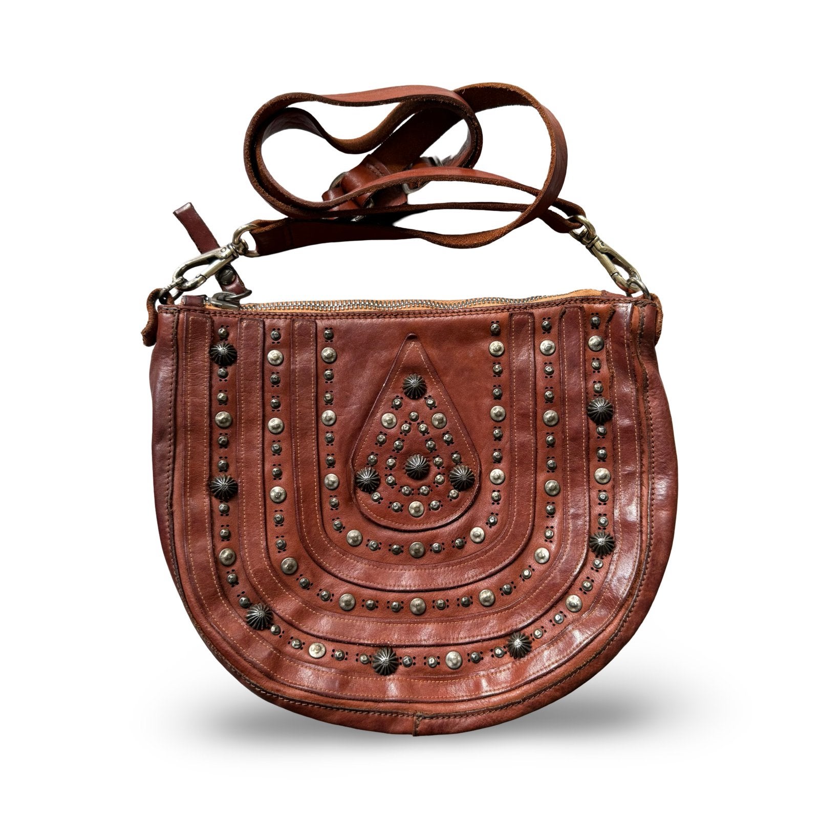 Campomaggi vintage lederen tas in cognac/bruin met studs, Ophalen of Verzenden, Gebruikt, Bruin, Schoudertasje