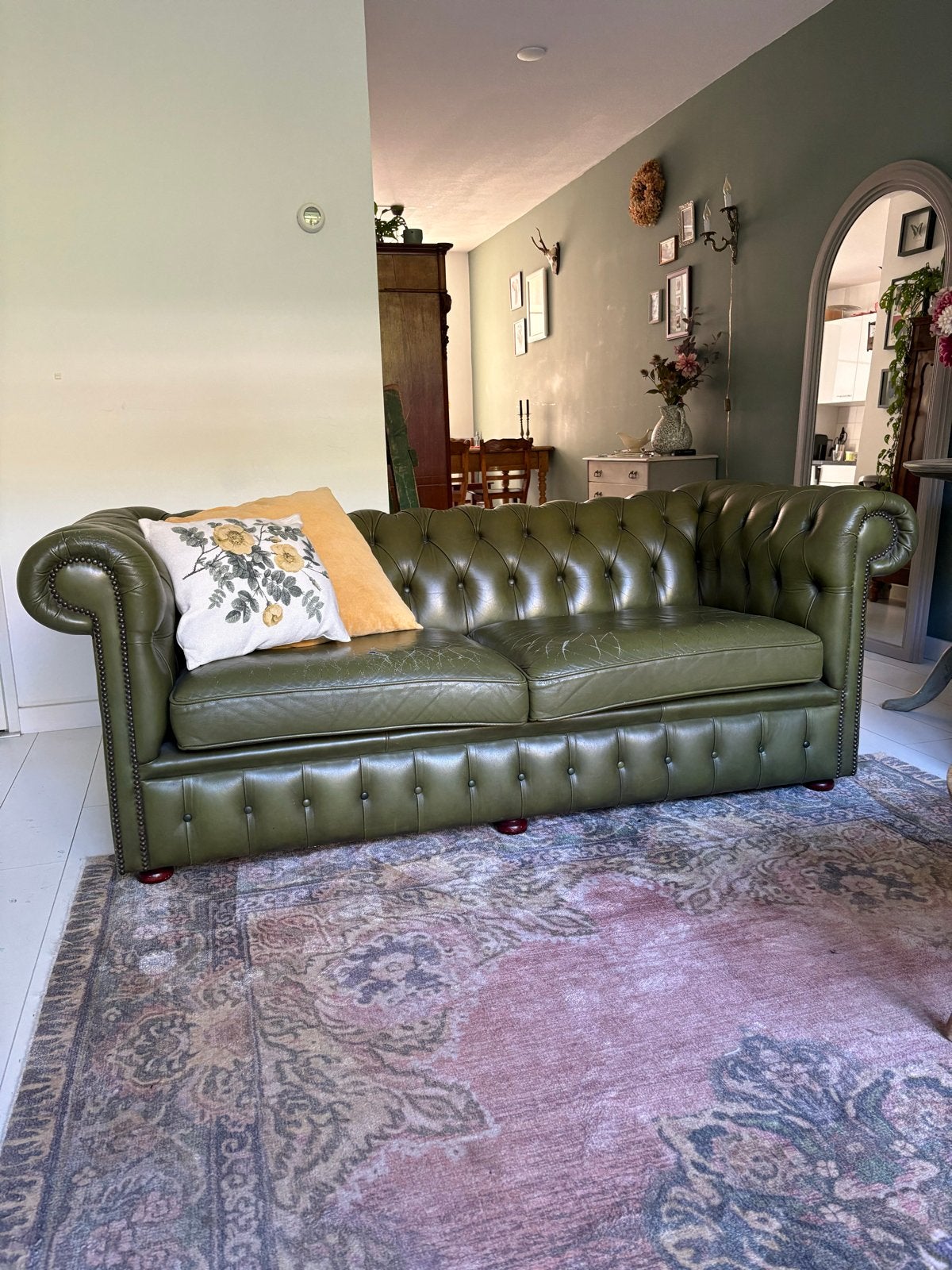 Chesterfield bank, 2-zits, groen leer, vintage, Ophalen, Gebruikt, 150 tot 200 cm, Tweepersoons