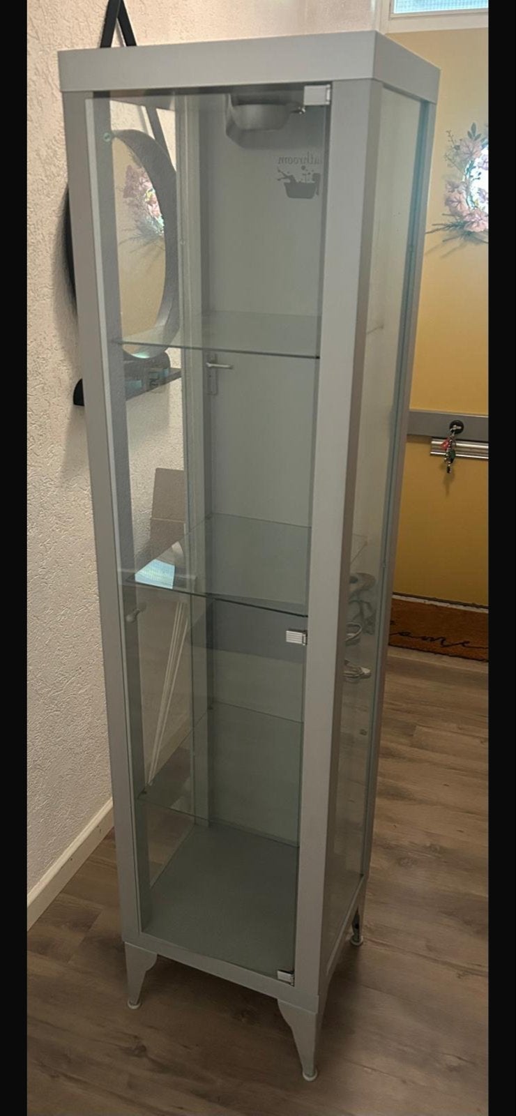 IKEA Detolf Vitrinekast - Grijs met Glazen Planken, Ophalen, Minder dan 50 cm, Zo goed als nieuw, Metaal